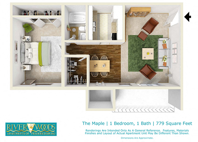 Floor plan for 1 bed, 1 bath, 779 sqft
